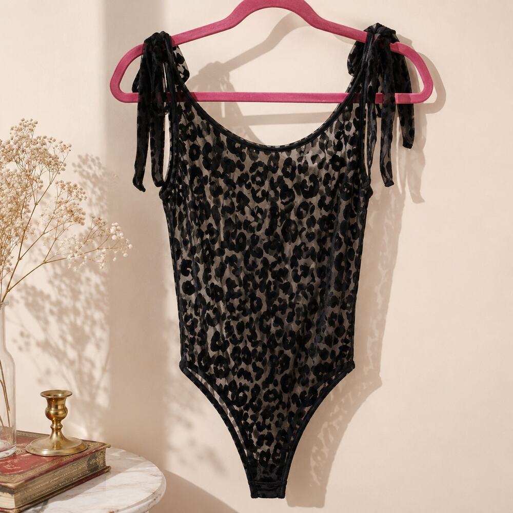 LE PETIT TROU Sz S Black Joie Cheetah Leopard Sheer Velvet Burnout Bodysuit Top